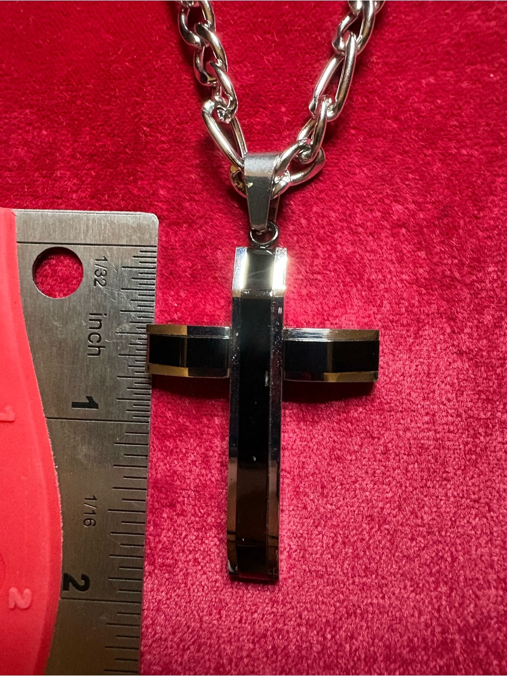 Black Cross Pendant Necklace Stainless Steel 22" Figaro Chain - Picture 4 of 5